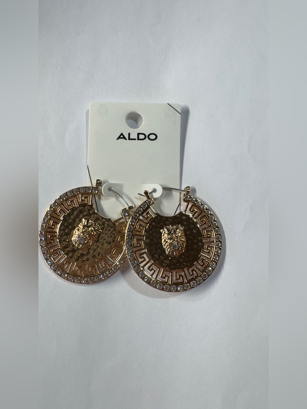 1.5” ALDO Gold Lion Medallion Crystal-Trim Hoop Earrings